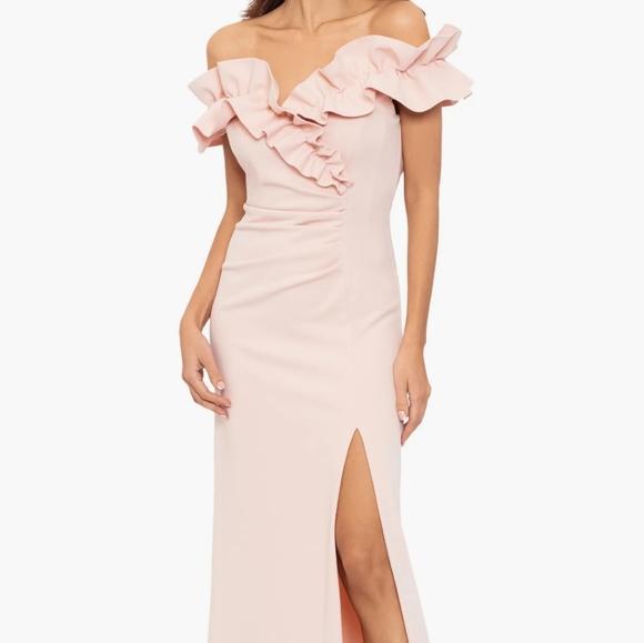 XSCAPE Ruched Ruffle Scuba Gown,  Blush, Sizes 16 and 10 - Picture 1 of 3